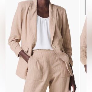 New Nic + Zoe Tan Neutral Pinstripe Linen Blend Blazer Women's 4 Jacket Preppy